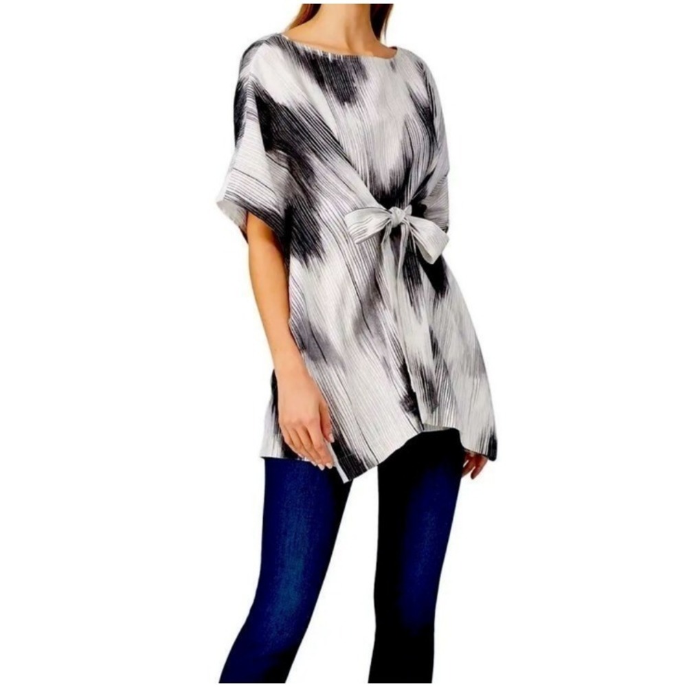 Natori Painted‎ Ikat Caftan Top Gray Linen Blend Front Wasit Tie  SZ L/XL